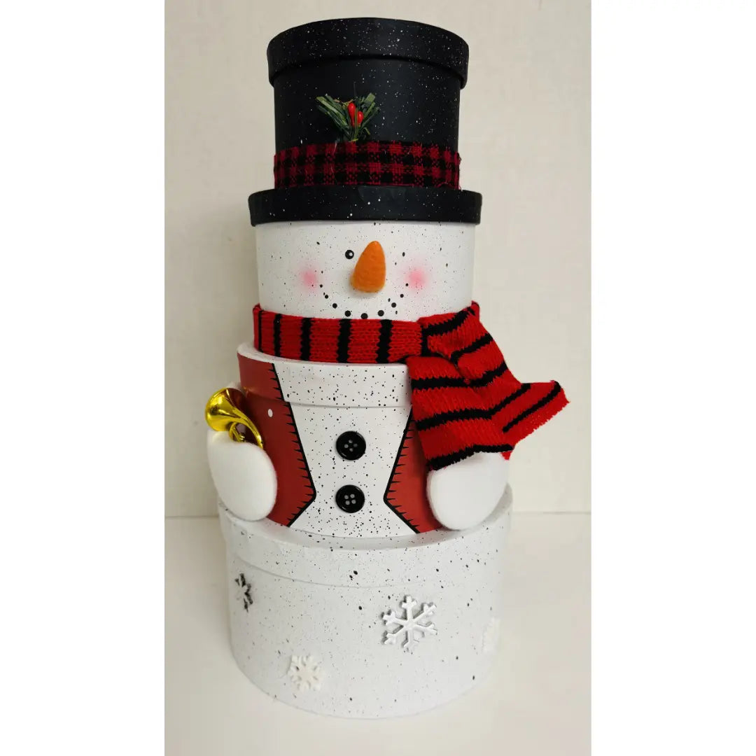 Decorative snowman-shaped container with a black top hat, red scarf, and striped socks on a white background.
