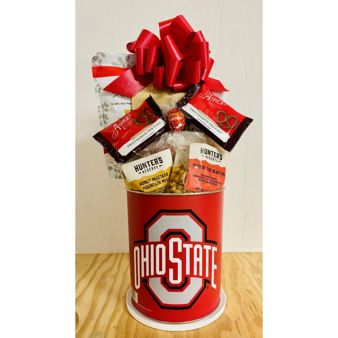 Gift basket with snacks in a container featuring Ohio State logo on a light background