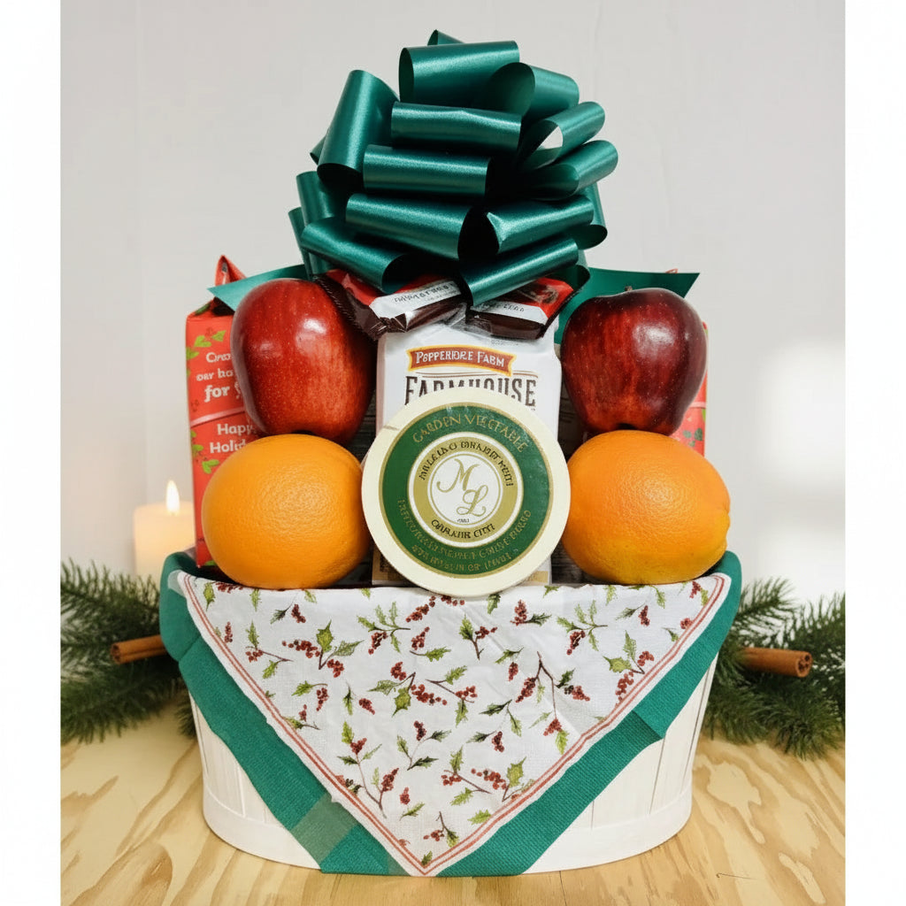 Fruit basket with a large green bow, apples, oranges, and a block of cheese on a wooden surface.