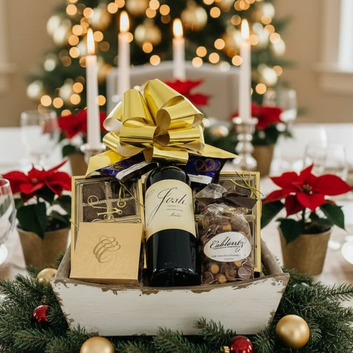 Gift basket with wine, chocolates, and a large bow on a wooden surface.