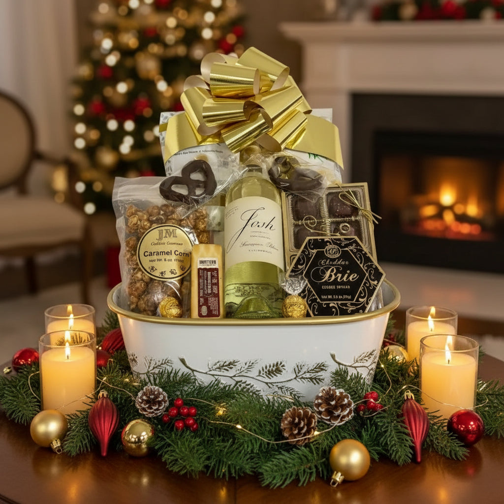 Gift basket with wine, snacks, and chocolates on a wooden surface.