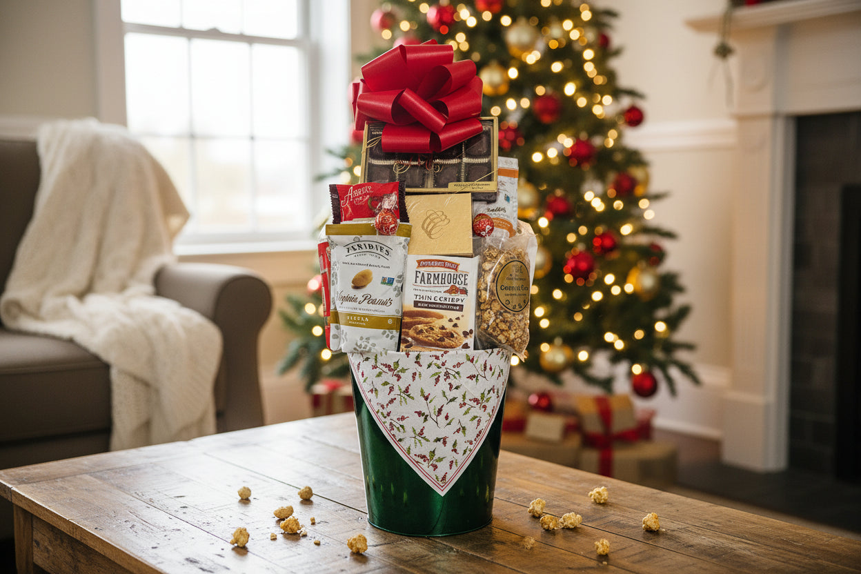 Gift basket with a red bow on a white background