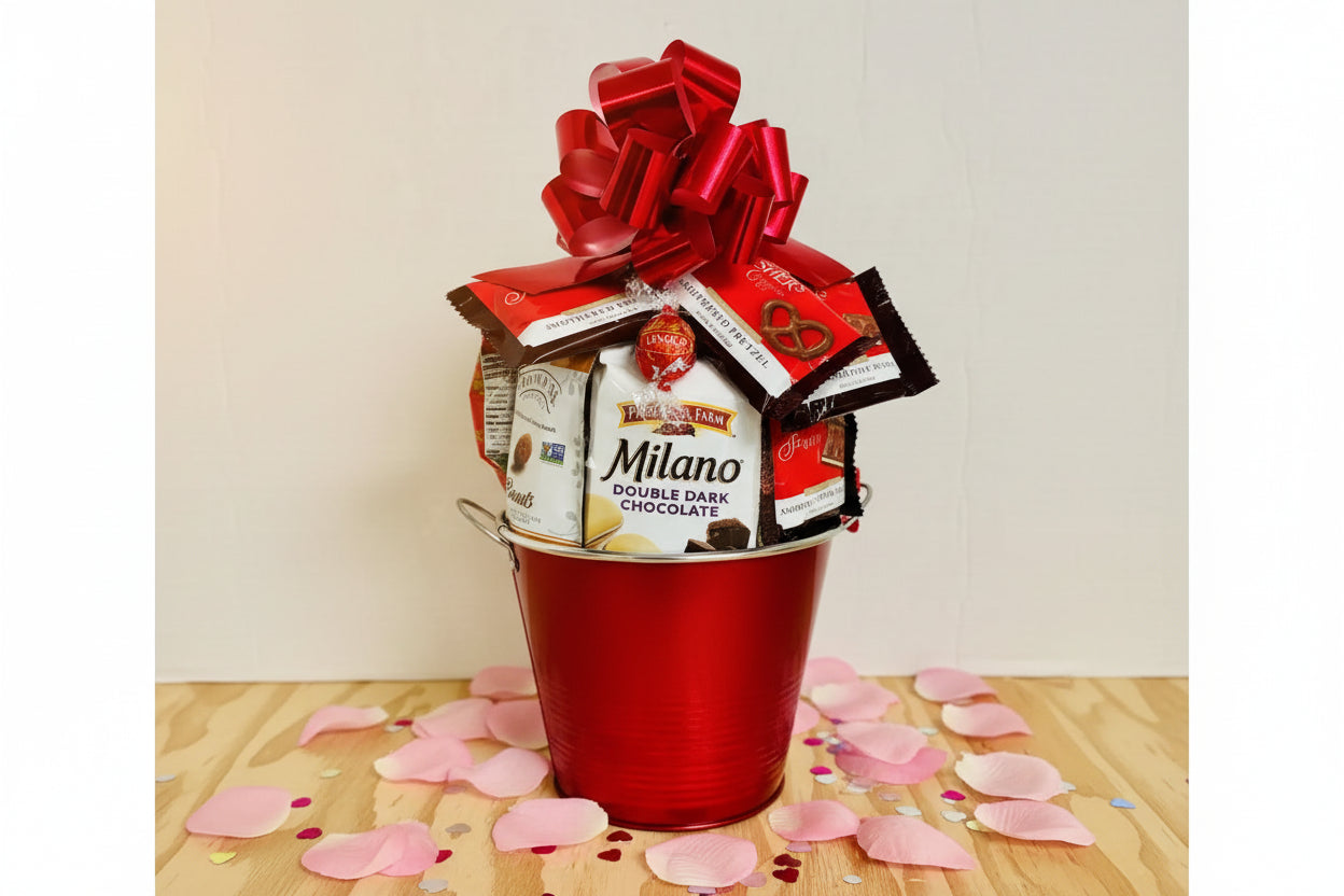 Red gift bucket with Milano chocolate and other snacks on a light wooden floor.