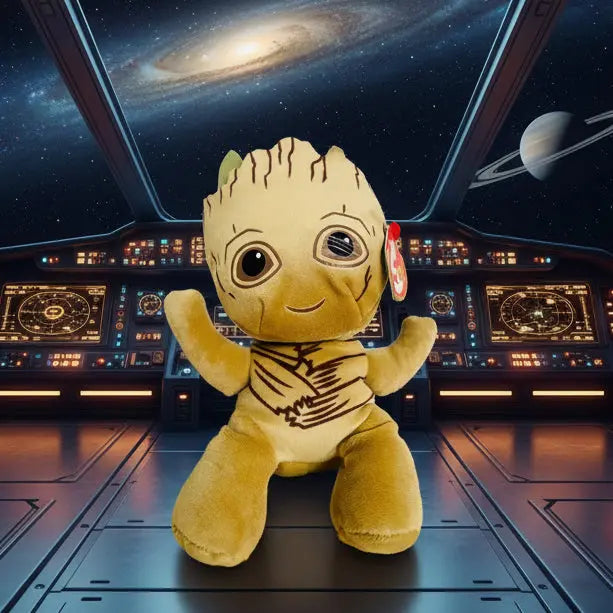 Plush toy resembling a character with a red tag on a light background