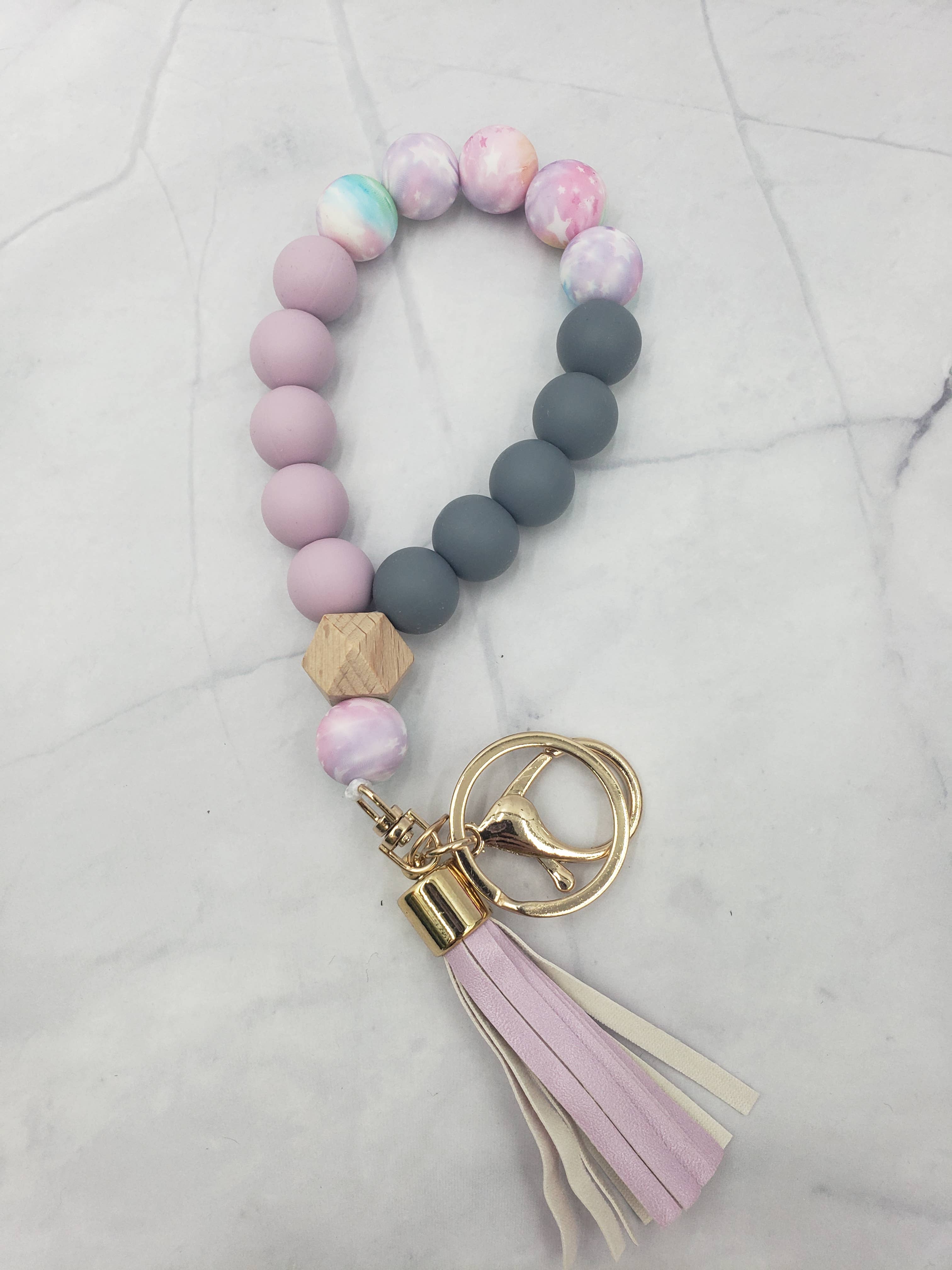 Wristlet Bangle Keyring Silicone Beaded Purple Galaxy Keychain