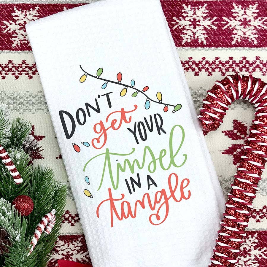 Tinsel In A Tangle Kitchen Towel, Christmas Lights Towel