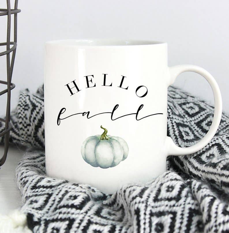 Hello Fall Mug w/ blue pumpkin mug cup
