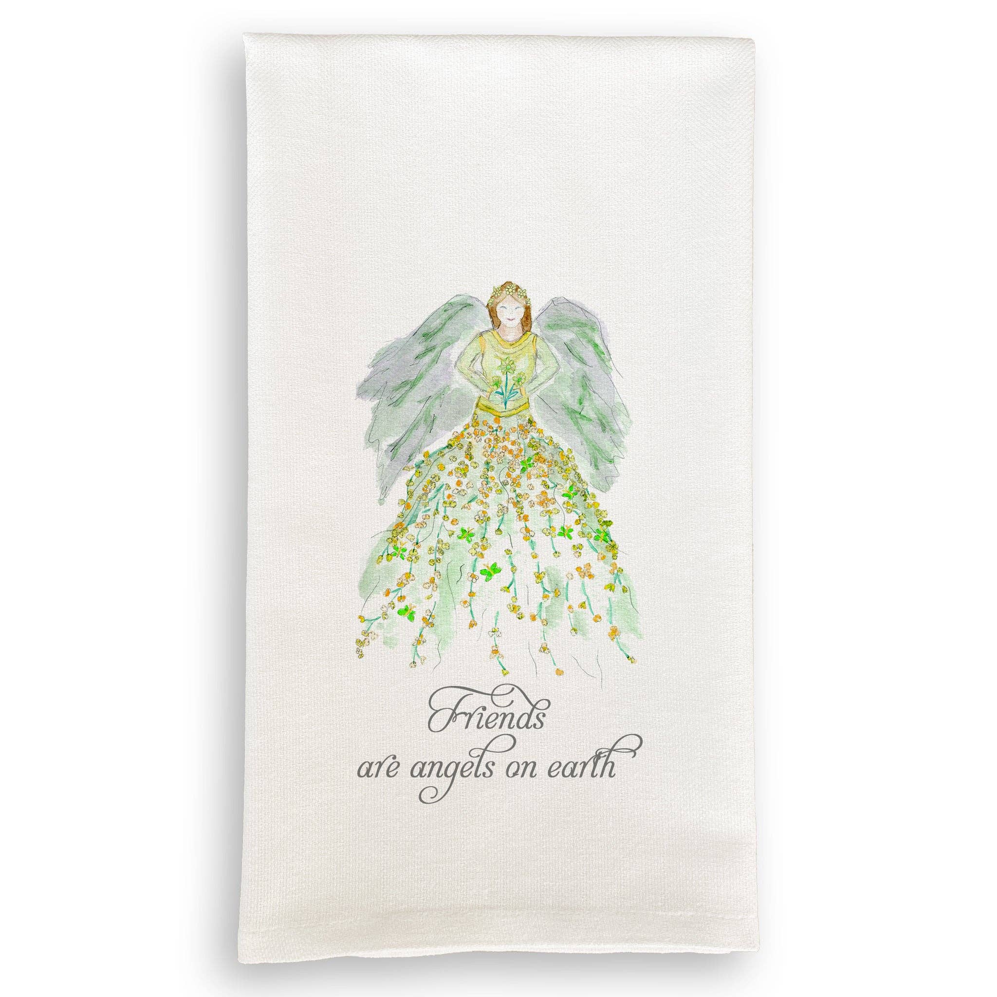 Green Floral Angel with Friends Quote KItchen Towel