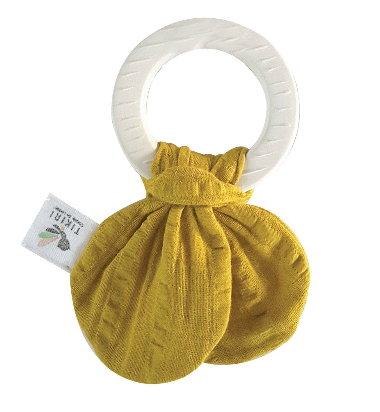 Natural Rubber Teething Ring with Mustard Yellow Muslin Tie